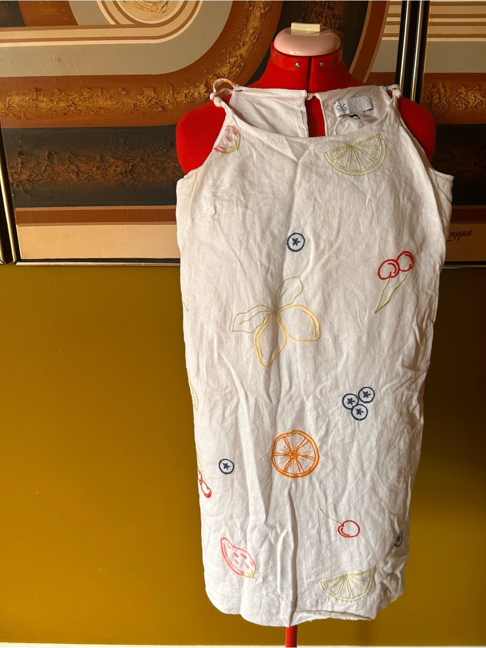 C&C California White Linen-Blend Mini Dress with Multicolor Fruit Embroidery
